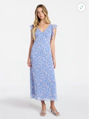 No Boundaries Blue Floral V-Neck Maxi Dress with Pink Accents